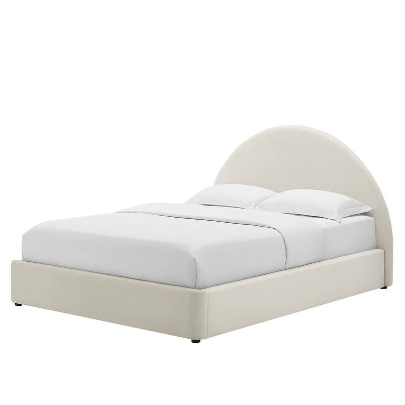 Palmetto Modern Round Headboard Off-white Velvet Upholstered King Size Platform Bed