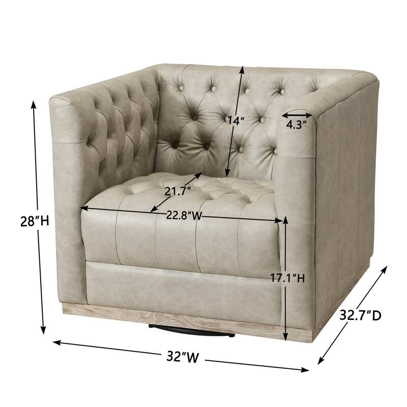 KINWELL 100% Genuine Leather Square Swivel Barrel Accent Chair