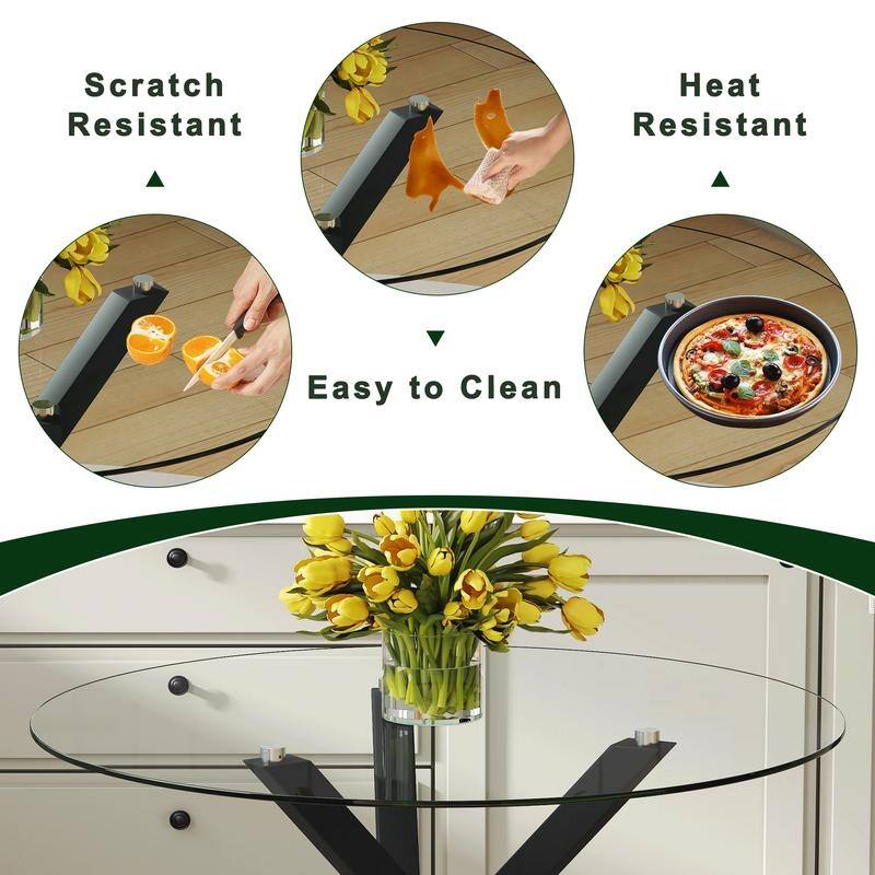 Modern 39" Round Glass Top Dining Table with X-Frame for Small Spaces