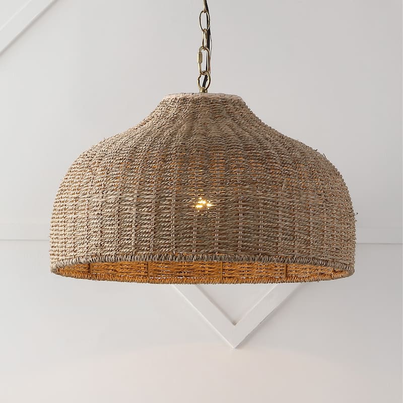Lacey 20" 1-Light Coastal Bohemian Rattan/Iron Dome LED Pendant, Brown/Brass Gold by JONATHAN Y