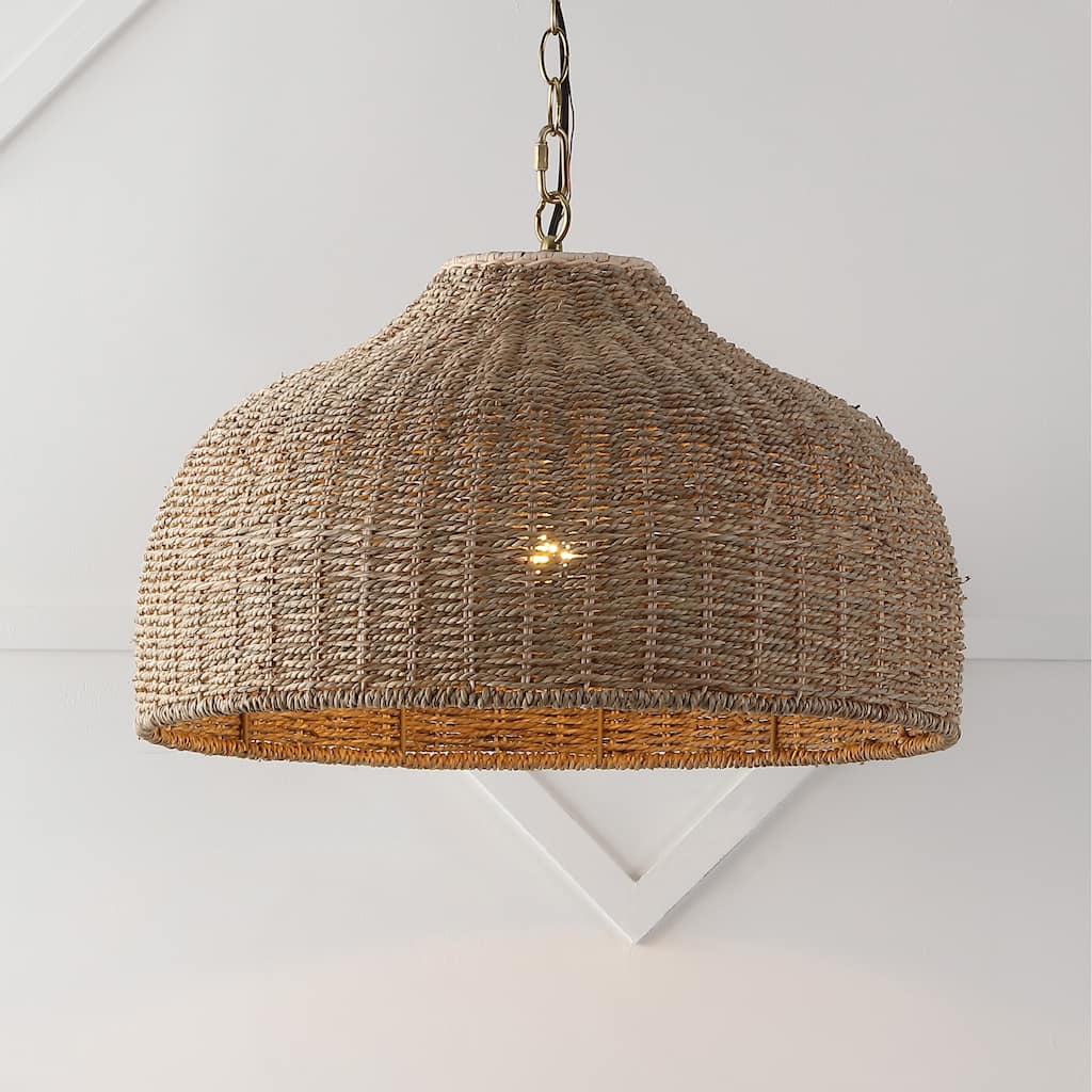Lacey 20" 1-Light Coastal Bohemian Rattan/Iron Dome LED Pendant, Brown/Brass Gold by JONATHAN Y