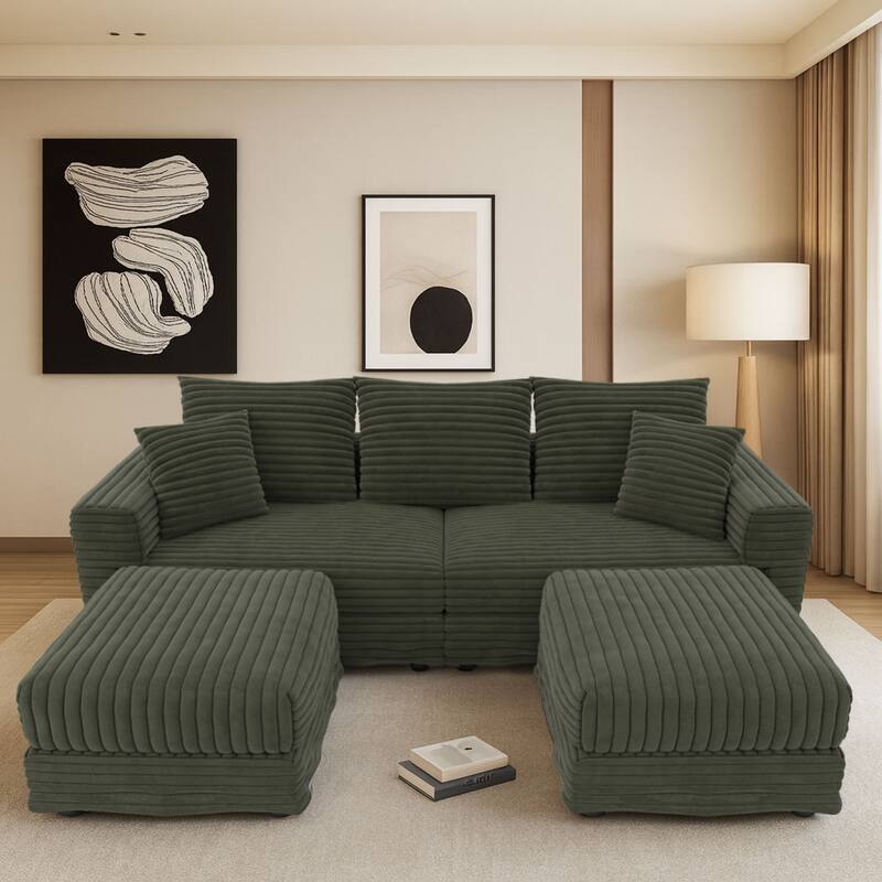 Modern Corduroy Fabric Upholstered Sectional Sofa with Ottoman - Green-3 Seater with 2 Ottoman