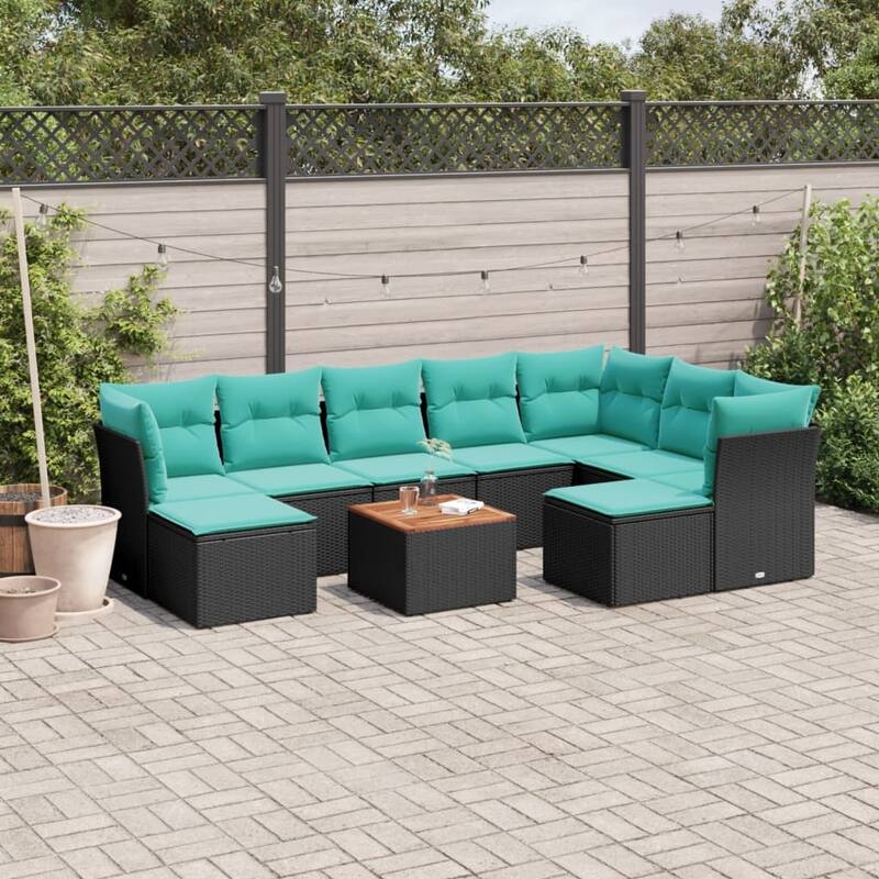 vidaXL Patio Sofa Set with Cushions Outdoor Furniture 10 Piece Poly Rattan - 24.4x 24.4x 27.2 - Black and Blue