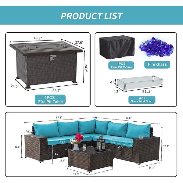 dimension image slide 5 of 7, Outdoor Patio Furniture Set, All Weather PE Wicker Sectional Conversion Sofa set with Firepit(Optional)
