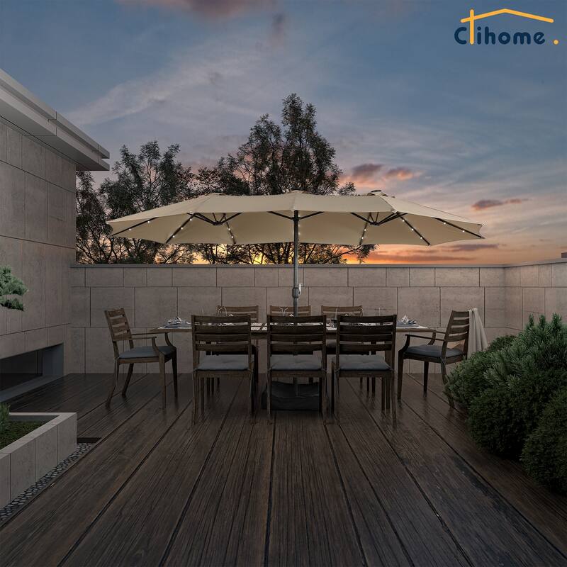 Clihome 15FT Double-Sided Solar Light Market Crank Umbrella with Base