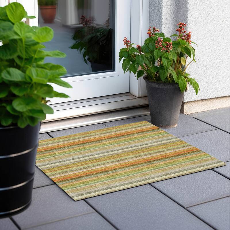 Machine Washable Indoor/ Outdoor Striped Chantille Rug - Khaki - 1'8" x 2'6"