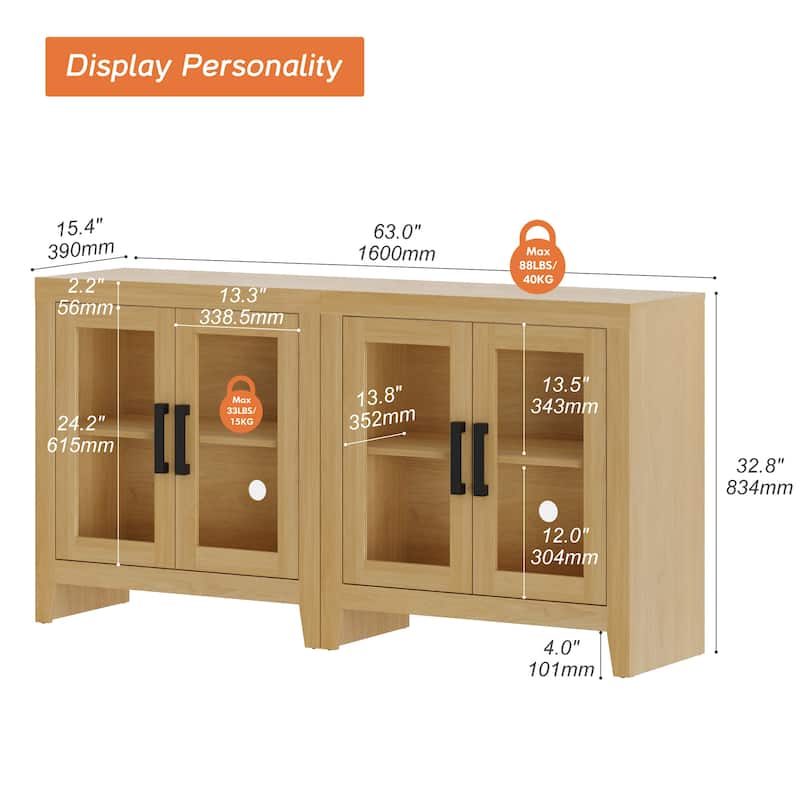 WAMPAT Modern Farmhouse TV Stand, Entertainment Center with Tempered Glass Doors & Adjustable Shelves