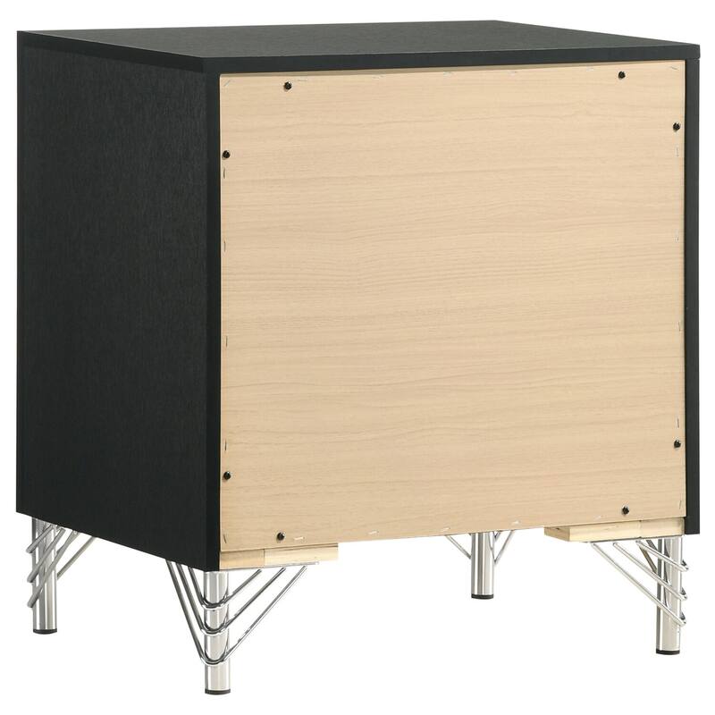 Black 2-Drawer Nightstand with Chrome Trim, Hairpin Legs, Long Bar Pulls and Bold Sophisticated Design