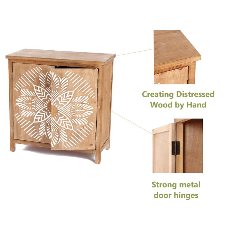 Natural Wood and White Floral 2-Door Storage Cabinet - 32.48" H x 31.5" W x 14.96" D