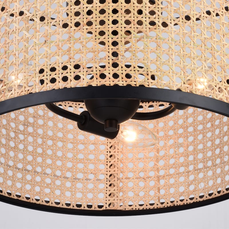 Berens 15.5-in W Matte Black Modern Farmhouse Drum Semi Flush Mount Ceiling Light with Rattan Cane Shade