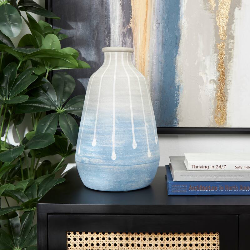 Blue Ceramic Abstract Ombre Drip Vase with Gray and White Accents - Blue - 9"W, 14"H