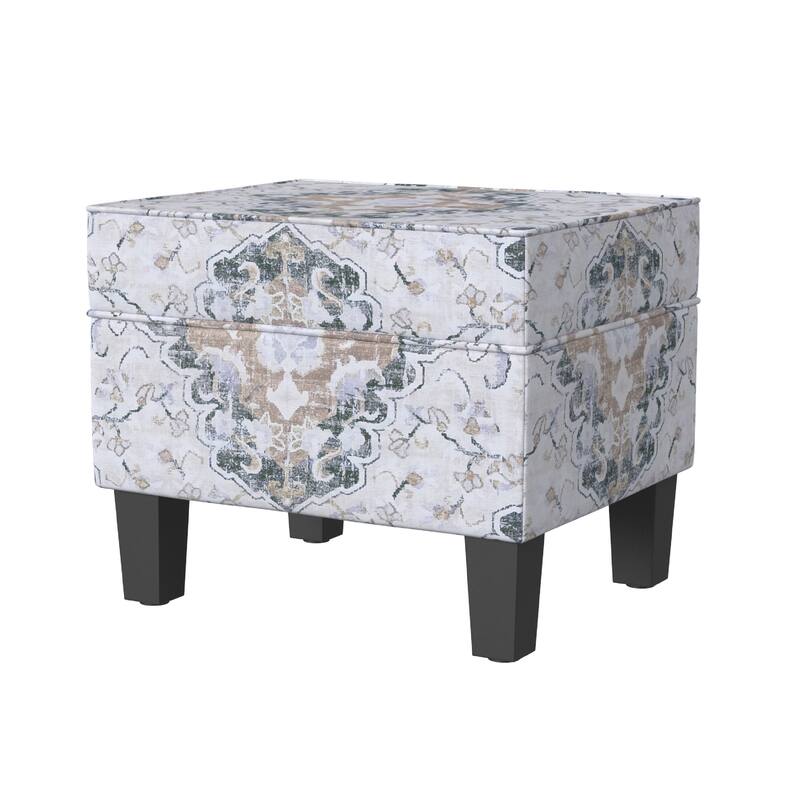 Ishi Accent Storage Ottoman, 22 Inch White Blue Print, Black Wood Legs