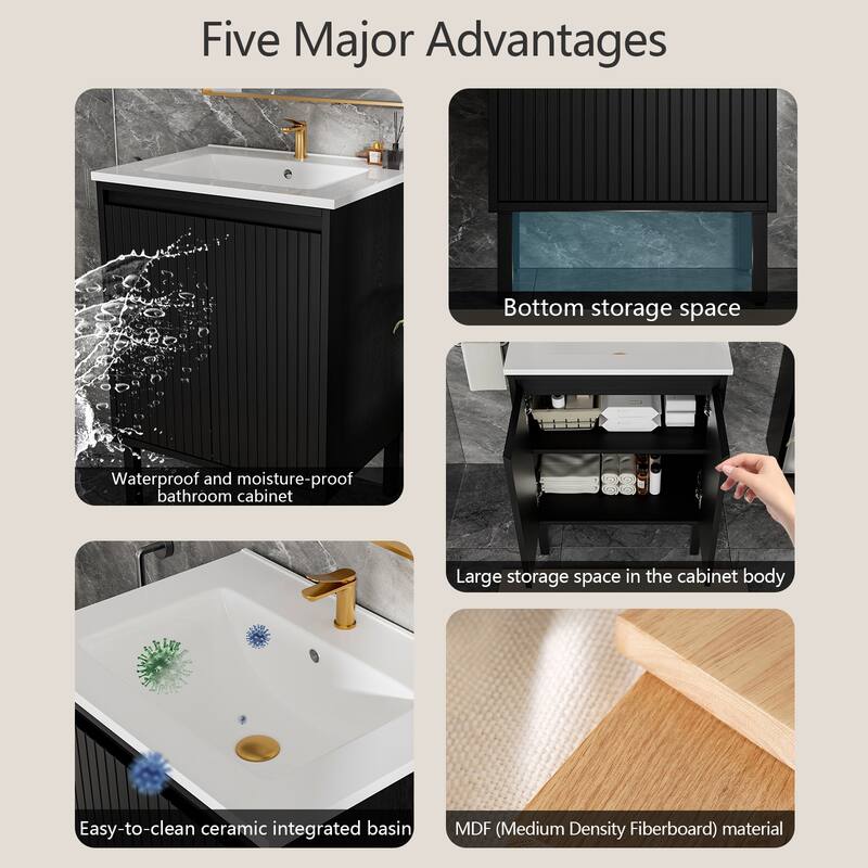 GDFStudio - Ari Modern Aesthetic Freestanding Bathroom Vanity with Ceramic Sink, Soft Close Drawers & Large Storage Spaces