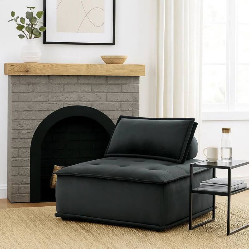 Alaya 40 Inch Foam Armless Modular Lounge Chair, Black Velvet Upholstery