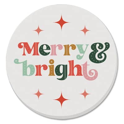 Merry & Bright 4 Pack Absorbent Stone Coaster with Protective Cork Backing Made in The USA 4" Round, Easily Wipes Clean