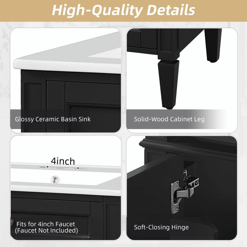 24" Bathroom Vanity with 2 Doors and Tip-Out Drawer - Bathroom Storage Cabinet with Sink