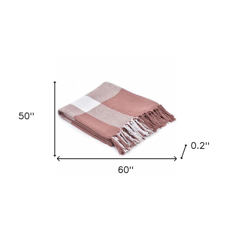 50" X 60" Pink Woven Cotton Checkered Throw Blanket with Fringe