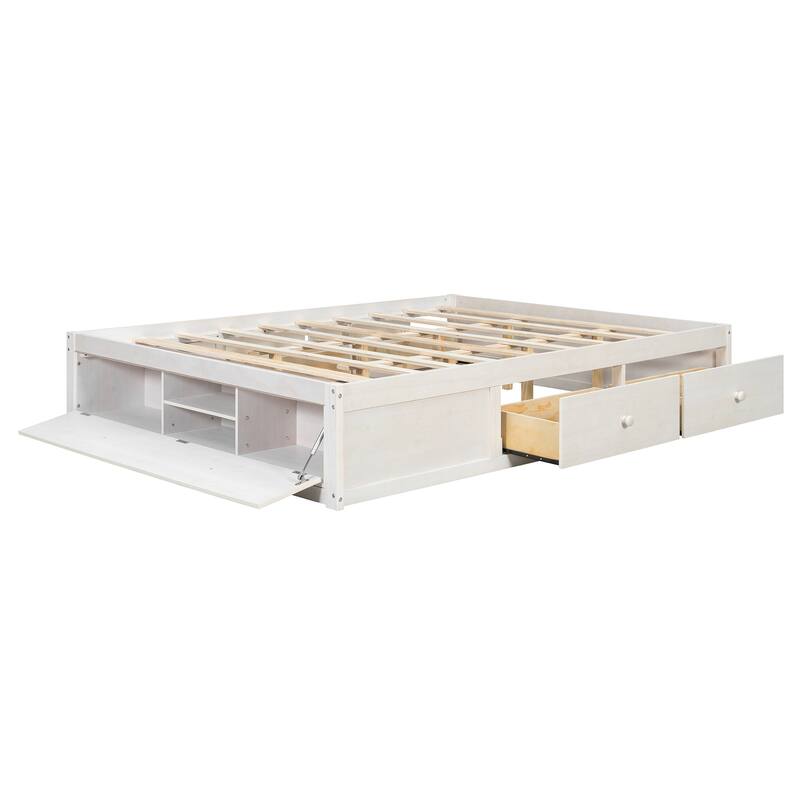 Queen Size Platform Bed Open Frame with Footboard Storage and 4 Drawers