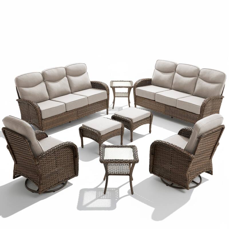 Meyreso 8-Piece Wicker Patio Conversation Set with Swivel Gliders and 6-Inch Thick Olefin Cushions