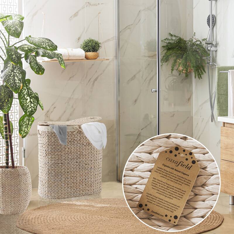 2Section Oval Laundry Hamper Basket w Lids and Liner Bags for Clothes