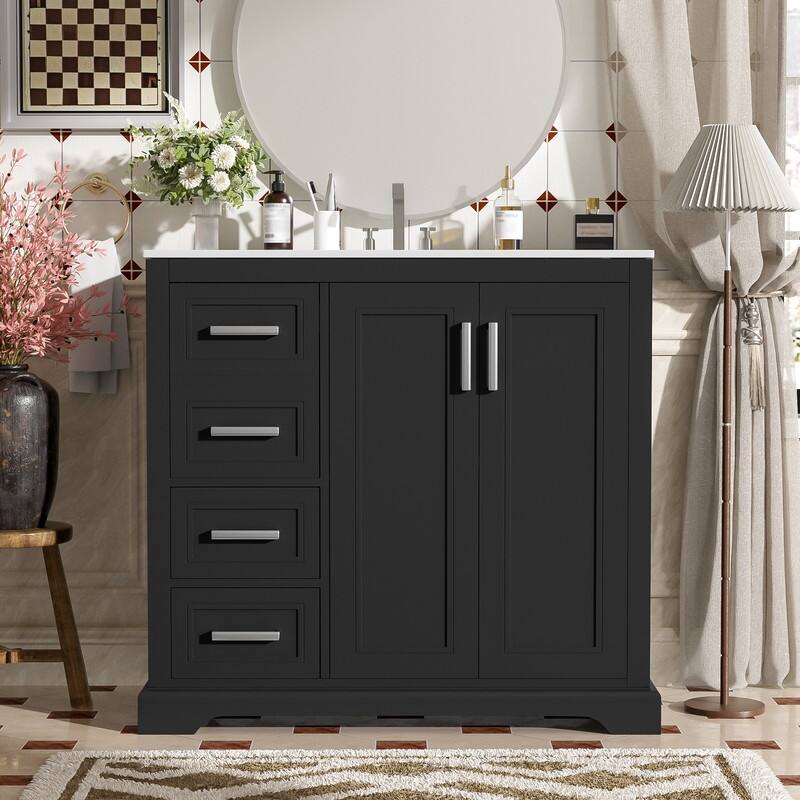 36" Bathroom Vanity with Ceramic Sink, Soft-Close Door, Adjustable Shelf & 3 Drawers - Black