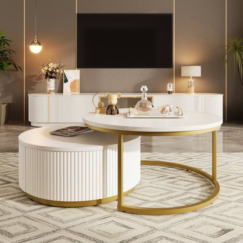 Nesting Coffee Table Set Of 2, 31.5 Inch Modern Round Side Tables With Drawer, Minimalist Circular Center Table