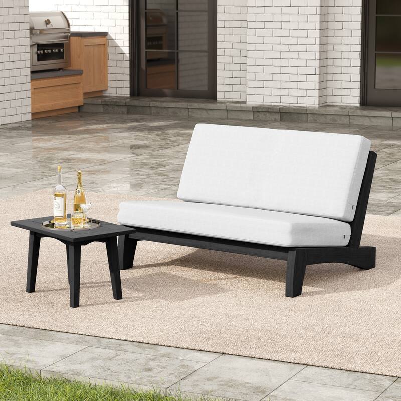 2-Piece Outdoor Teak Wood Loveseat Patio Set with Side Table - Beige-Whole Cushion - Black Frame