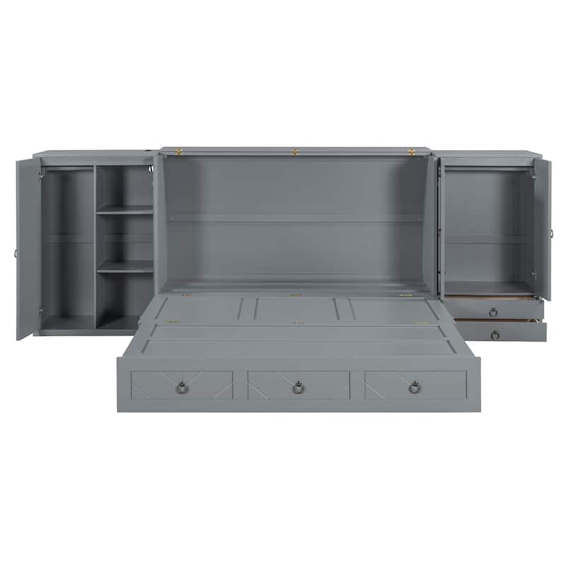 Gray Queen Size Murphy Bed with USB Port, Little Wardrobes and Drawers for Bedroom