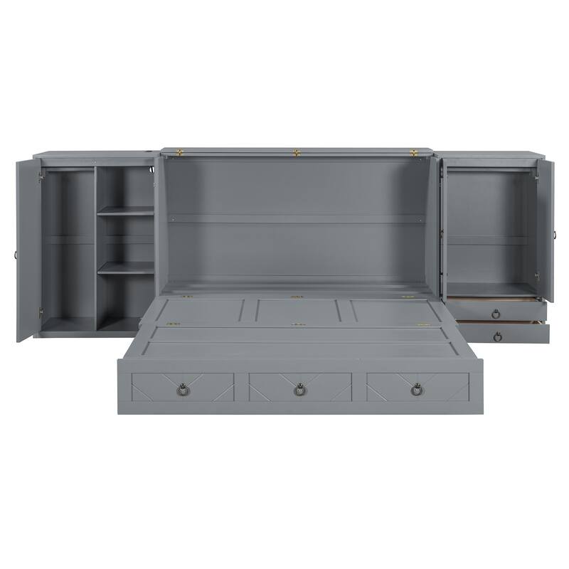 Queen Size Murphy Bed with Charging Station, Cabinet Hideaway Bed with Shelves, Drawers and Wardrobes, Folding Wall Bedframe