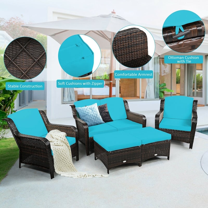 5 Pieces Patio Rattan Sofa Set with Cushion and Ottoman - 51" x 33.5" x 33" (L x W x H)