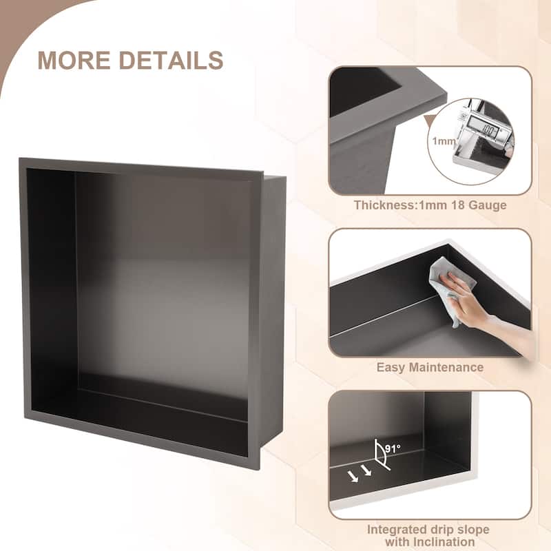 Lordear Brushed Stainless Steel 12'' x 12''Single Shelf Bath Shower Niche Bathroom Storage - Black