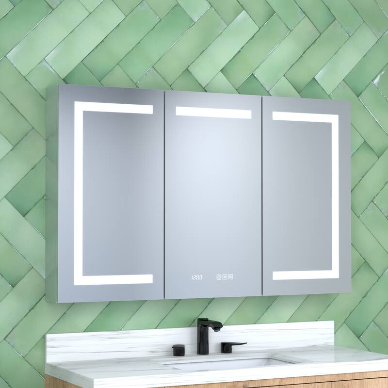 GDFStudio - Delmar Modern Aluminum LED Lighted Medicine Cabinet with Mirror Anti Fog and Digital Clock