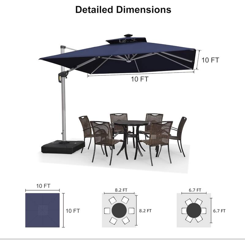 PURPLE LEAF 10 ft Double Top LED Square Patio Cantilever Umbrella with Base