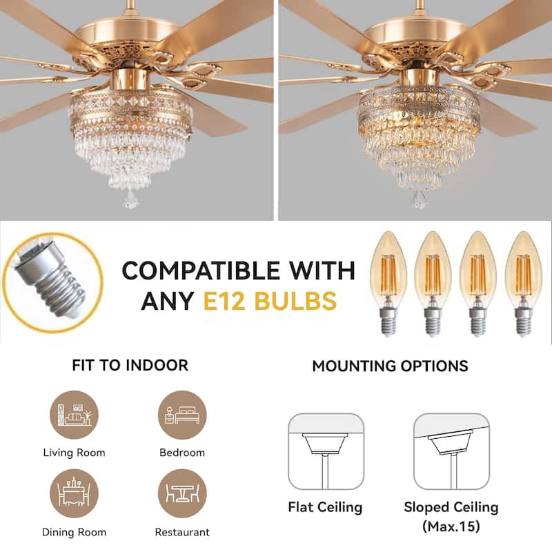 52" or 62" Crystal Ceiling Fan Chandelier with Lights,Remote Control, Timer,Reversible Motor