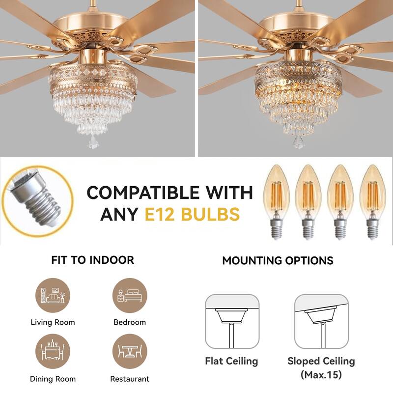 52 or 62 Inches Crystal Ceiling Fan Fandelier with Lights,For Bedroom Kitchen Patio Remote Control