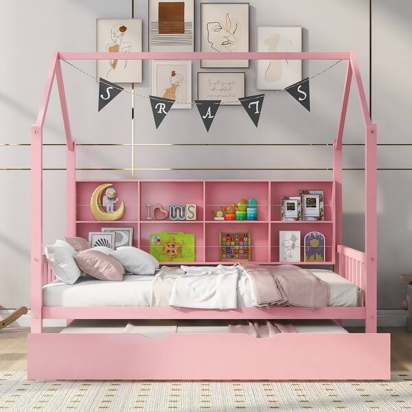 slide 2 of 27, Full Size Wooden House Bed with Trundle and Storage Shelf Included Pink