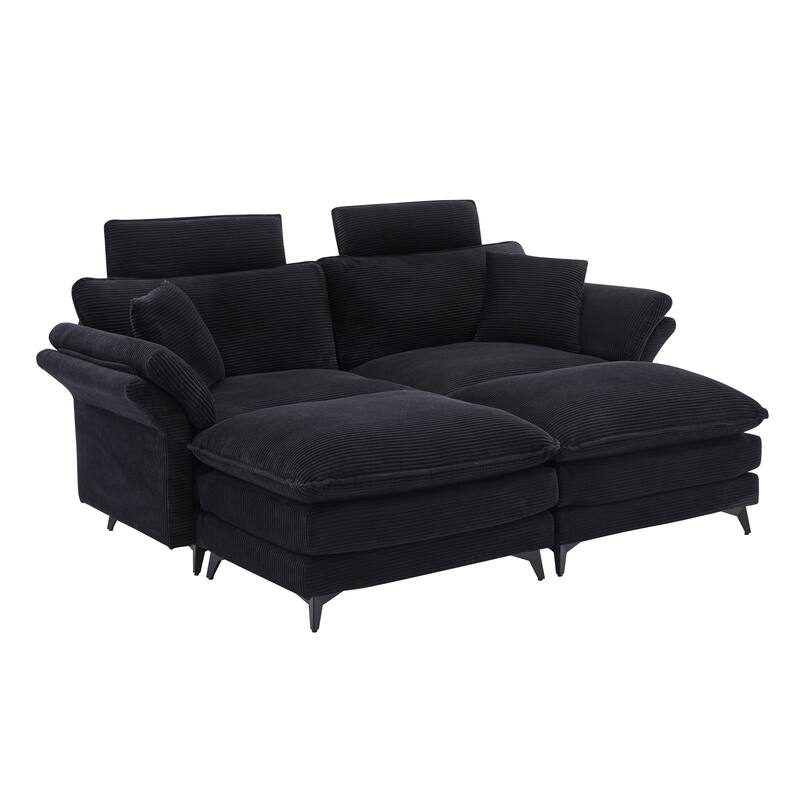 85.8'' Modern Corduroy Upholstered Sectional Sofa with Ottomans, Black