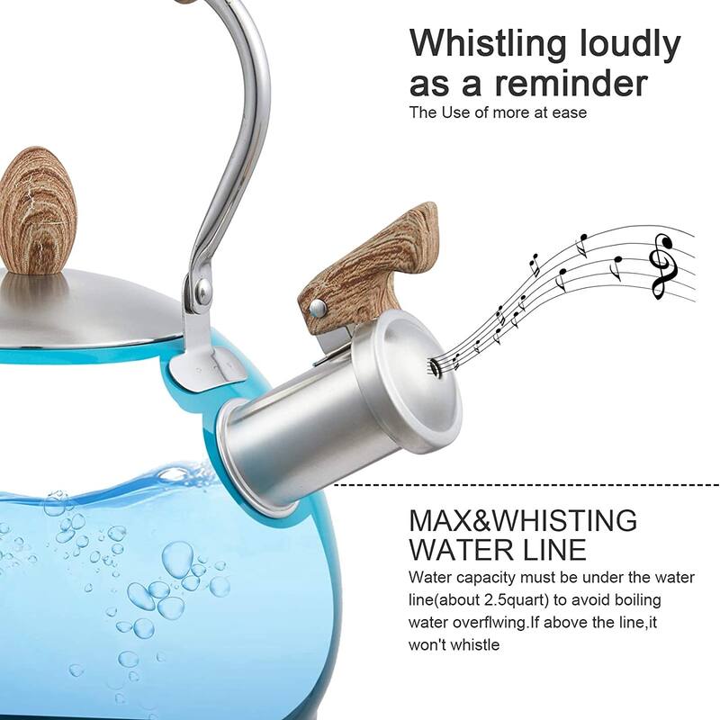 Creative Home 2.6 Qt. Stainless Steel Whistling Tea Kettle Teapot with Folding Handle, Aluminum Capsulated Bottom, Blue