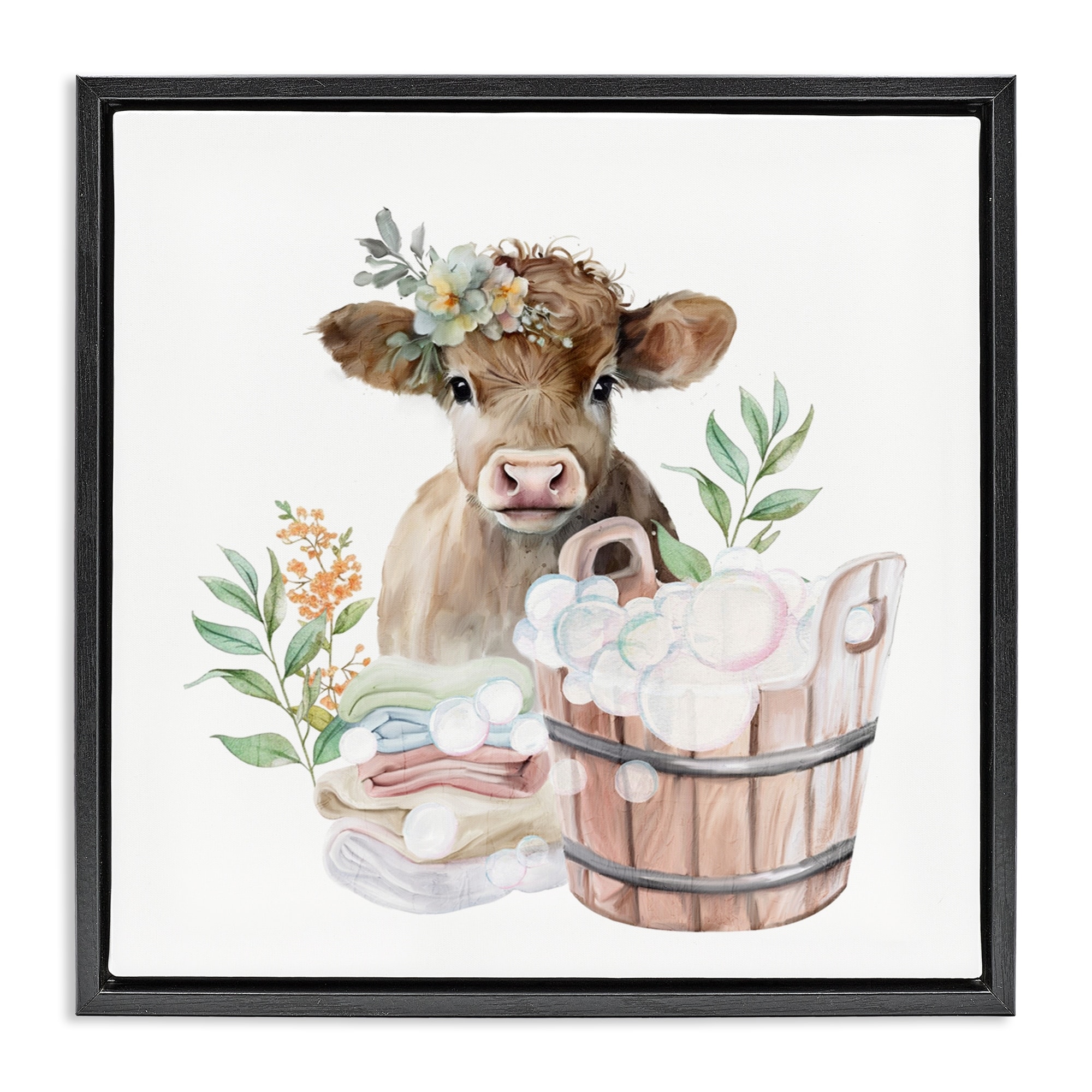 Stupell Laundry Day Baby Cow Framed Floater Canvas Wall Art Design By Kim Allen