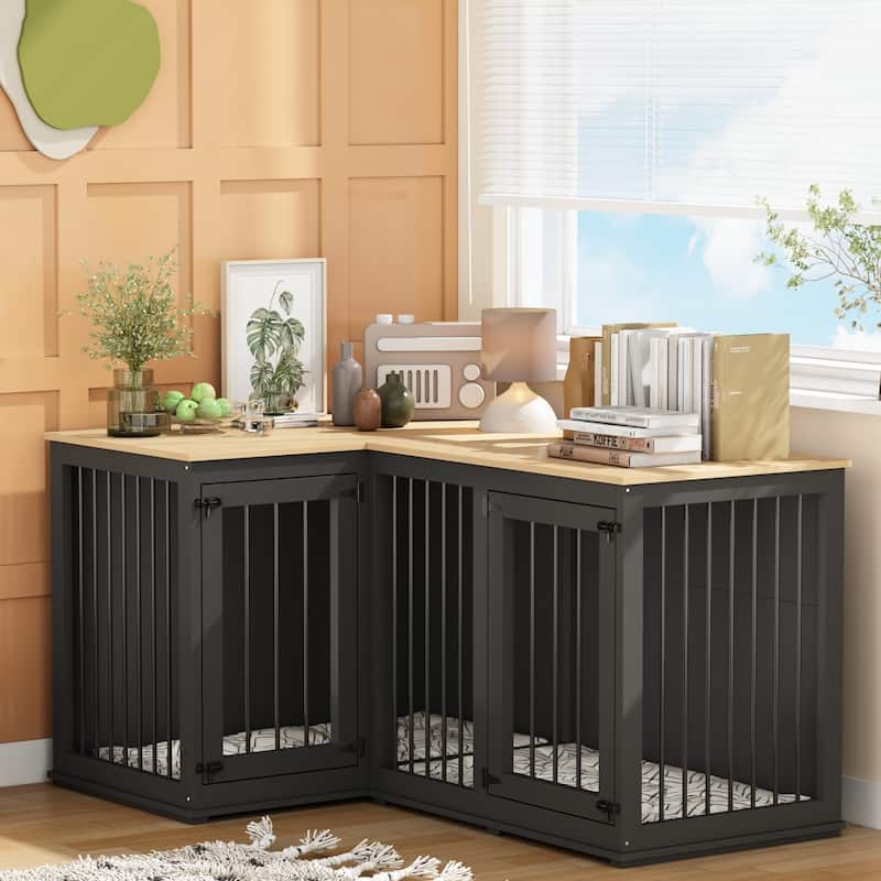 Corner Dog Crate Furniture for 2 Dogs with Double Rooms & Divider