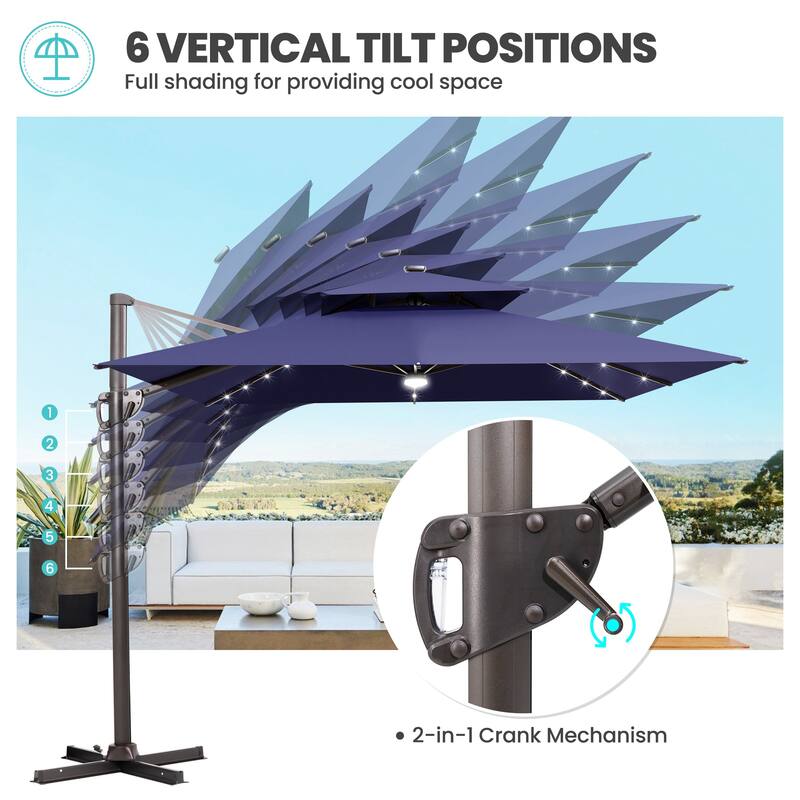 9 x 11 FT Outdoor LED Lighted Double Top Patio Cantilever Umbrella with Base