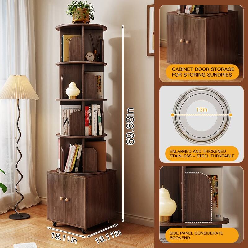 360 Degree Display 5 Tier Corner Bookshelf with Drawer, Floor Standing Bookcase Storage Rack, Wood Narrow Book Shelf Organizer