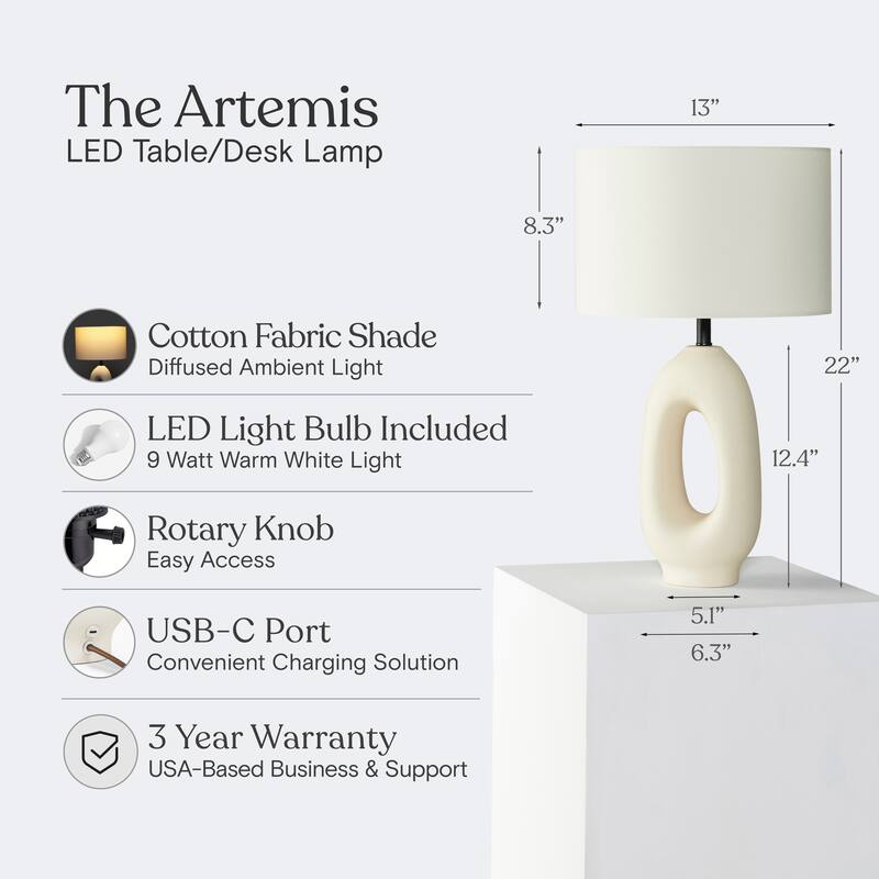 Brightech Artemis 22" Beige/Cream Standard Traditional LED Super Bright Table Lamp with Linen Drum Shade & Built-In USB-C Port