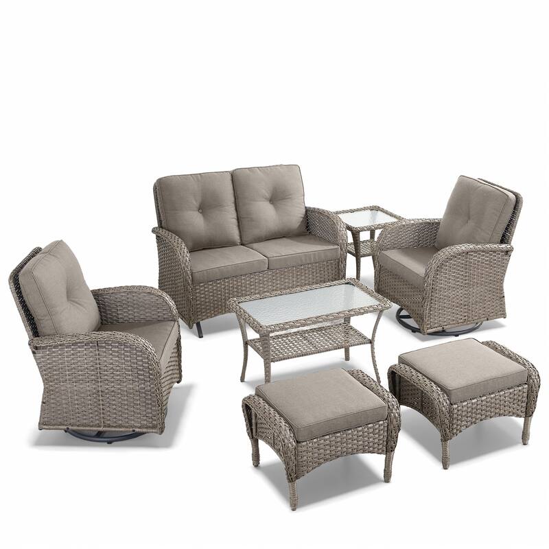 Outdoor Glider Sofa with Swivel Chairs Ottoamns and Table