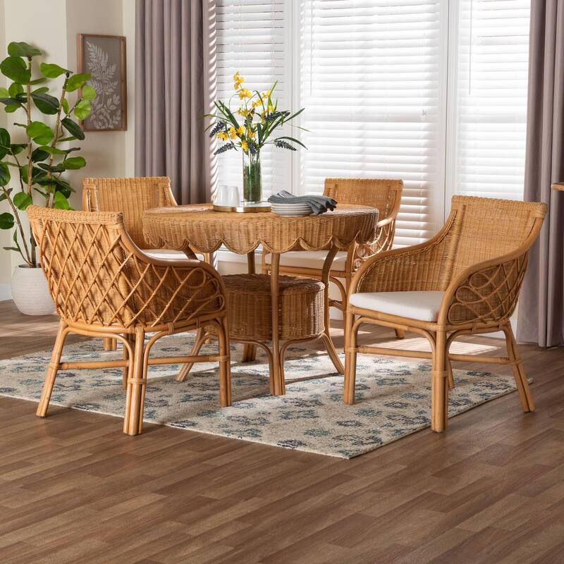 Tudor 5-Piece Rattan Dining Set - Round Wicker Table with Scallop Edge and 4 Armchairs, Handwoven Boho Coastal Style for Dining