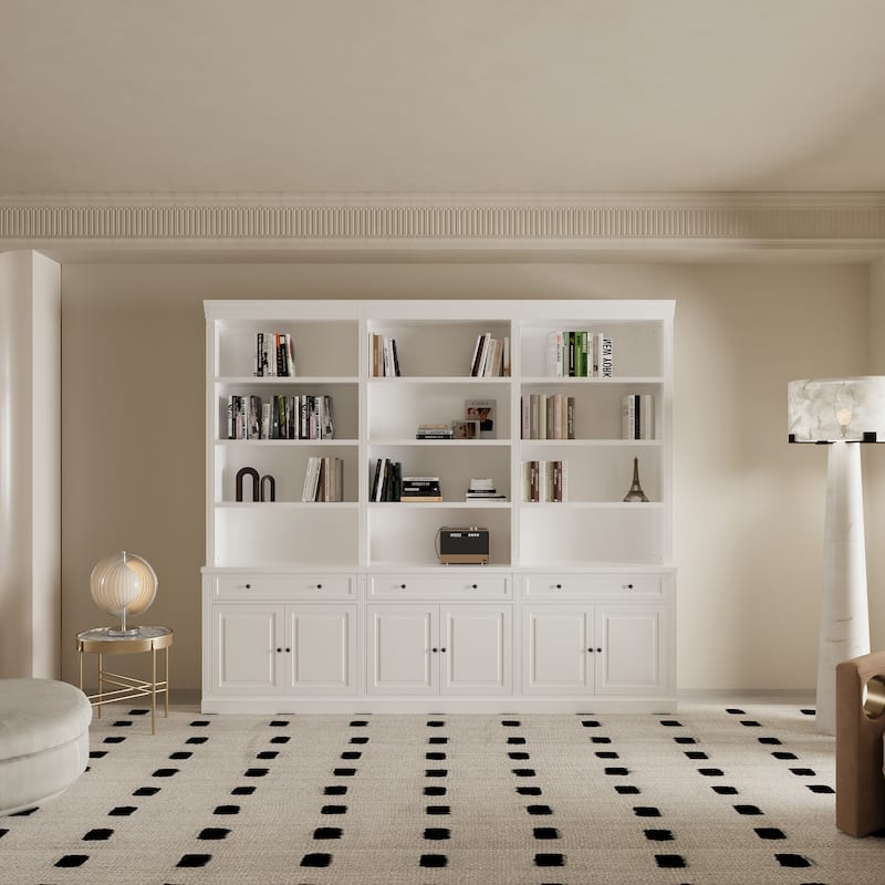 102.4" Large 6-Door Bookshelf w/Drawers Solid Pine Top Display Bookcase Bronze Handles White Storage Cabinet