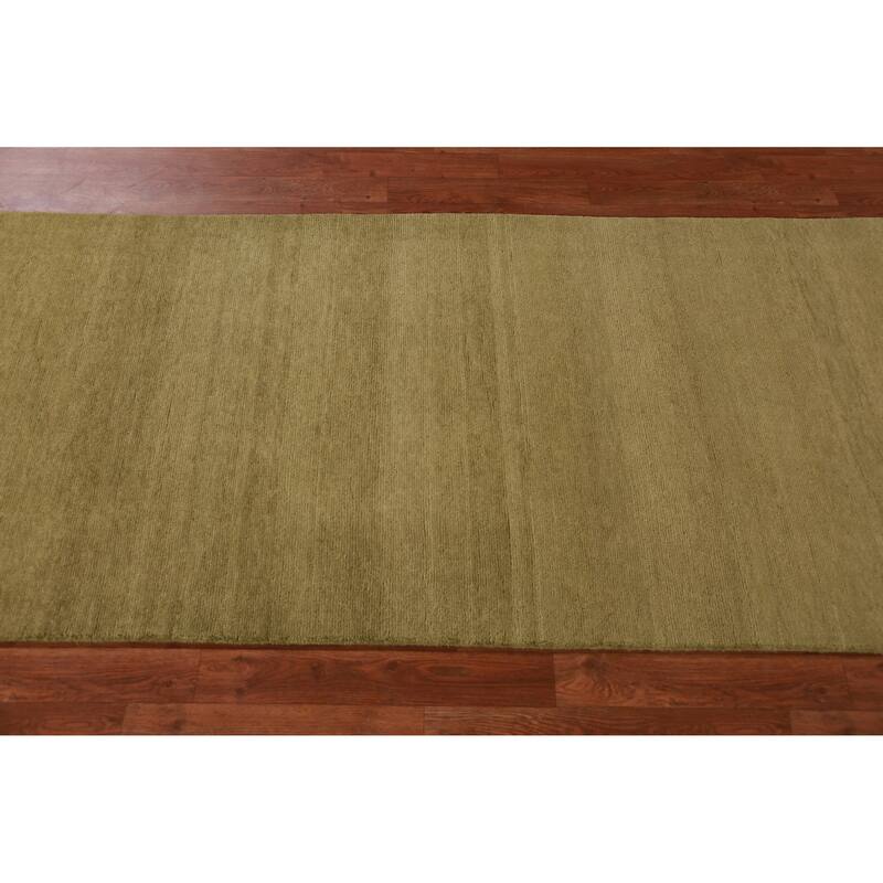 Hand Knotted Oriental 100% Wool Carpet Modern Solid Green Gabbeh Runner Rug - 9' 4'' X 3' 2''