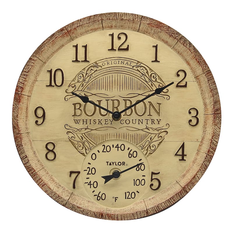 Taylor Poly Resin Bourbon Barrel Clock with Thermometer, 14x14 Inch - Beige