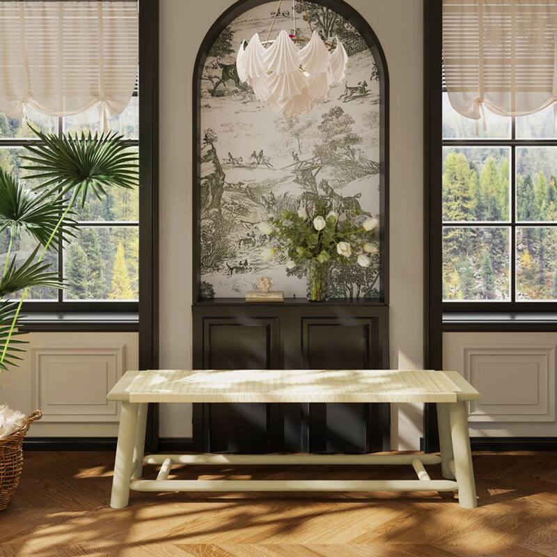 Farmhouse Modern Solid Wood Indoor & Covered Outdoor Rattan Bench - Gold