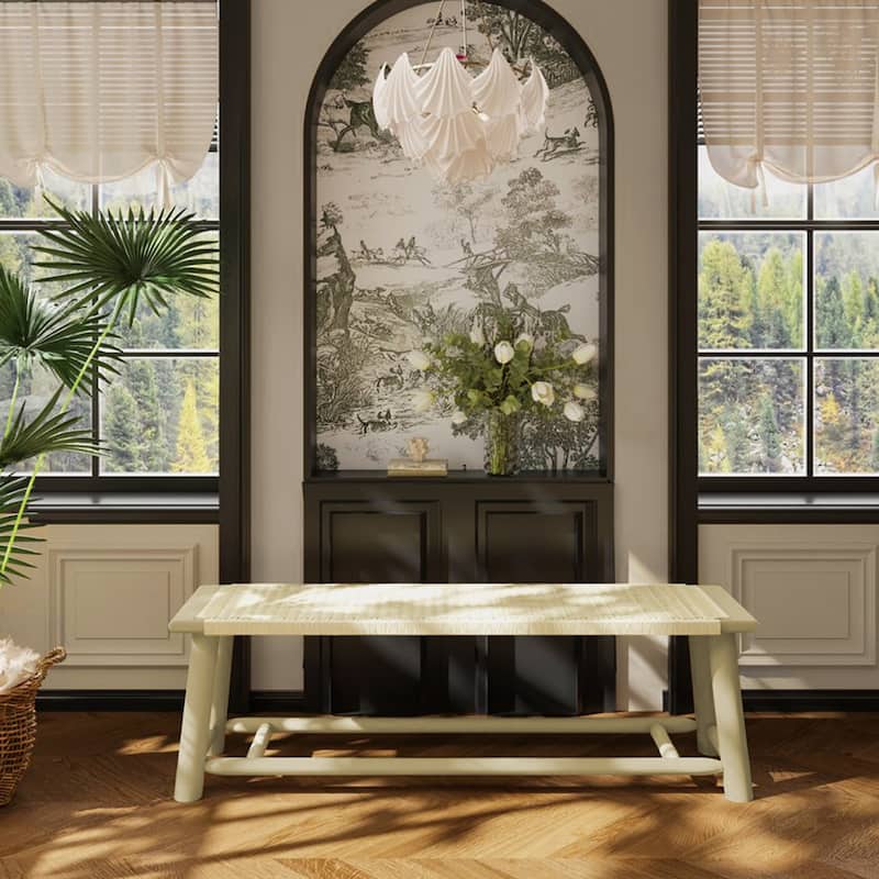 Farmhouse Modern Solid Wood Rattan Bench - 59 Inch Indoor & Covered Outdoor Bench Multi-Functional Design - Champagne